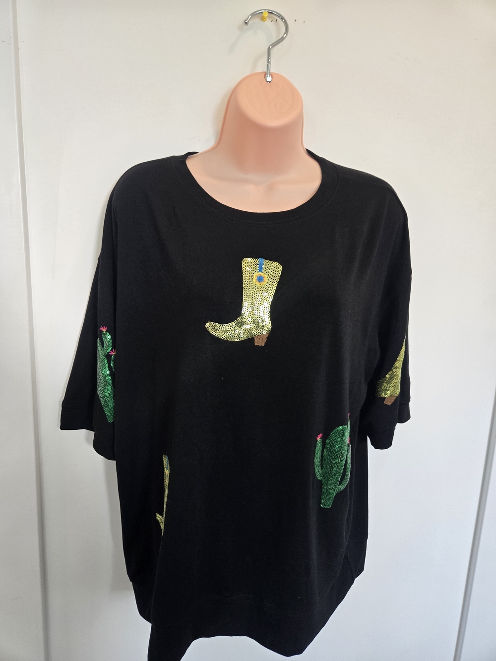Black Long Sleeve Women's Tee with Sequin Cowboy Boot & Cactus Motif
